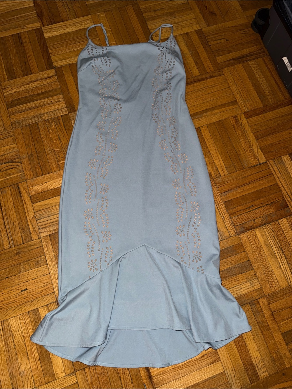GUESS Light Blue High-Low Spaghetti Strap Dress with Laser Cut Panels